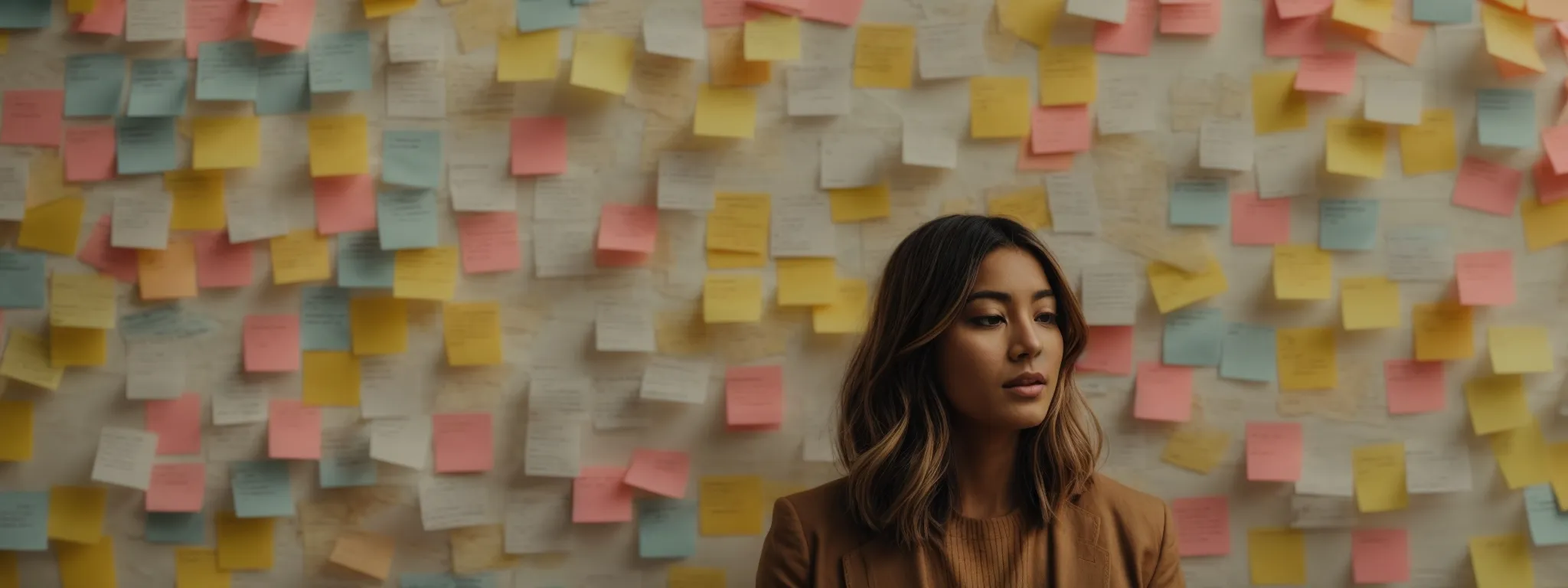 a blogger surrounded by a web of connected post-it notes each representing different keywords.