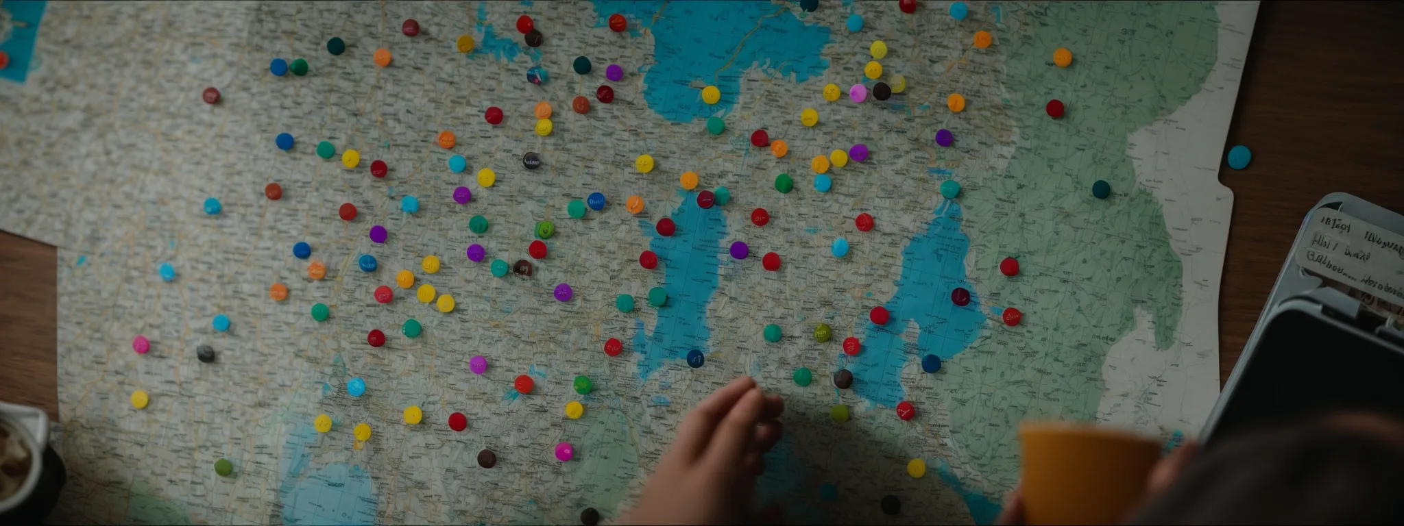 a person sits contemplating a map sprawled out on a table, with various colorful pins indicating different locations.