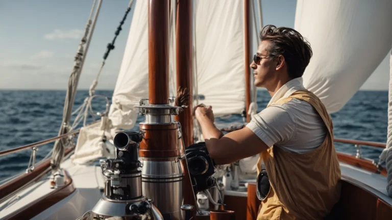 a blogger with a nautical telescope stands at the helm of a sailboat, scanning a vast ocean horizon.