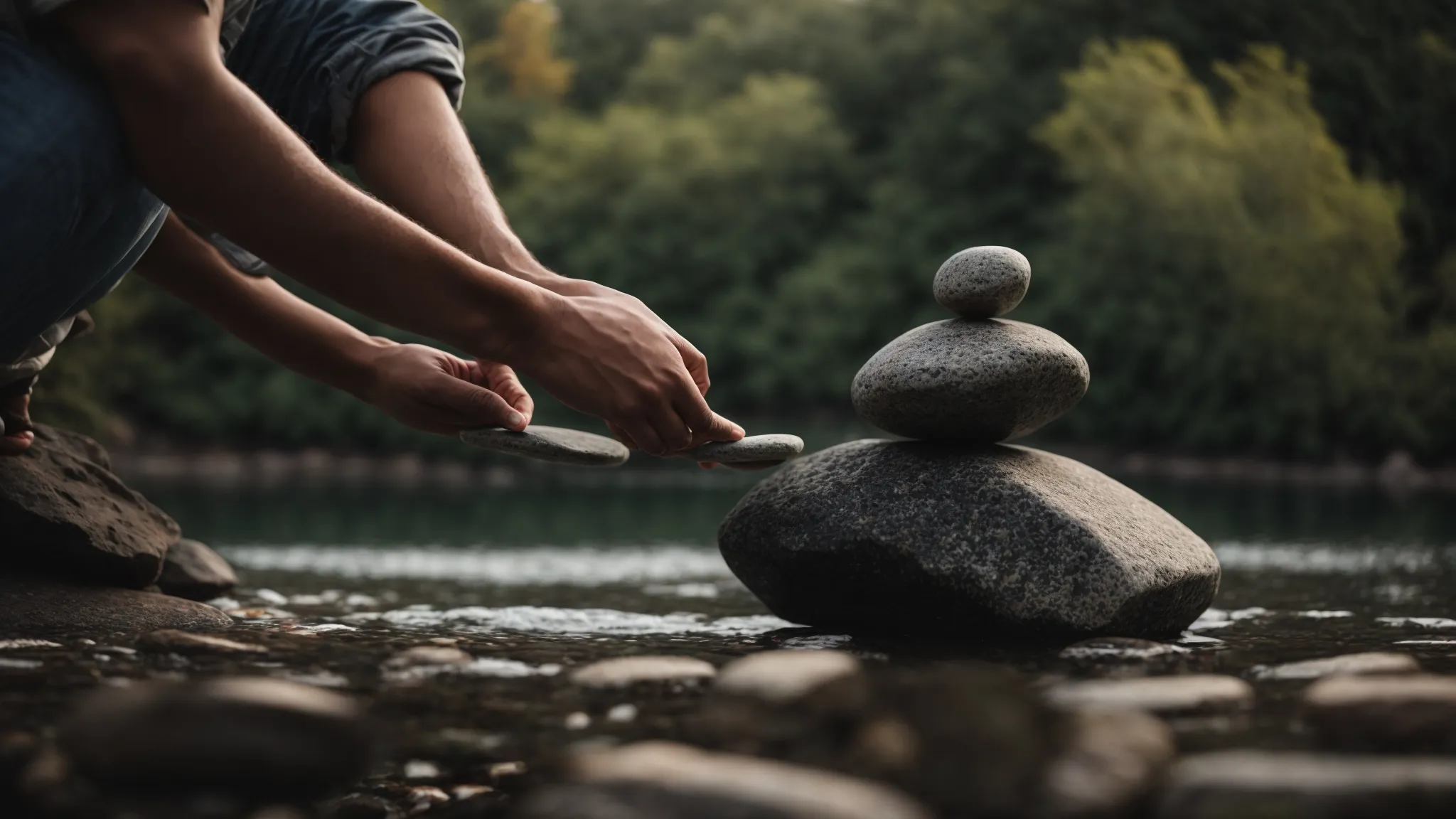 a person delicately balancing stones by a serene lakeside, symbolizing the equilibrium between keyword usage and readability in content creation.