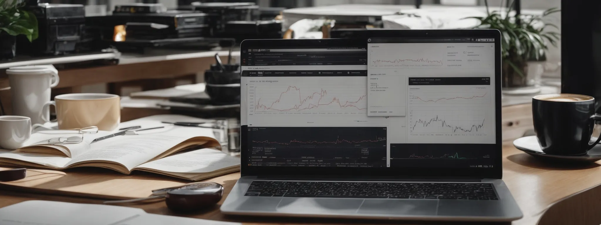 a person seated at a desk with a laptop displaying graphs of website traffic growth, surrounded by notes and a cup of coffee.