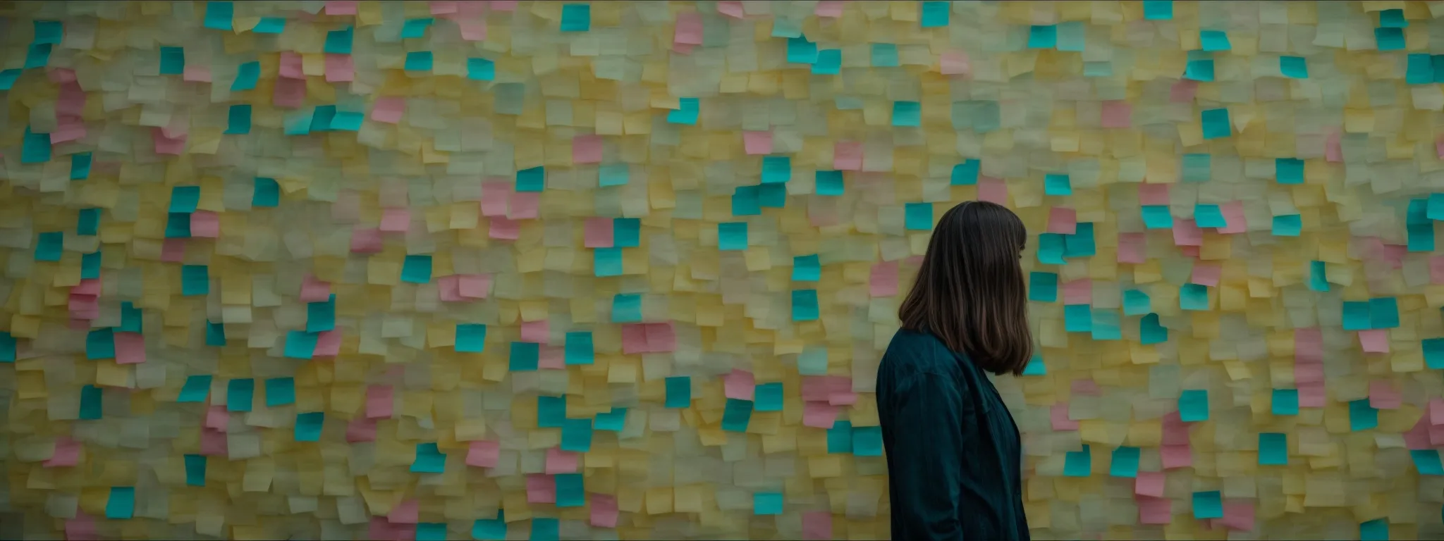 a person surrounded by sticky notes arranging them on a large board.