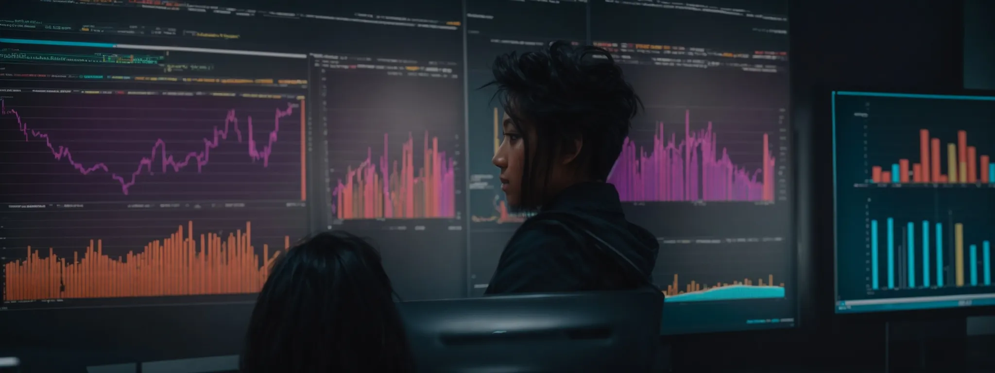 a marketer gazes intently at a large monitor displaying colorful analytics graphs and keyword rankings.
