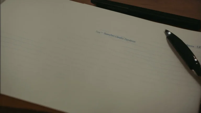 a person sitting at a desk with a computer and a notepad, contemplating a list of search terms.