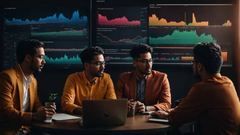 a group of digital marketers discuss strategies around a laptop displaying colorful graphs of website traffic data.
