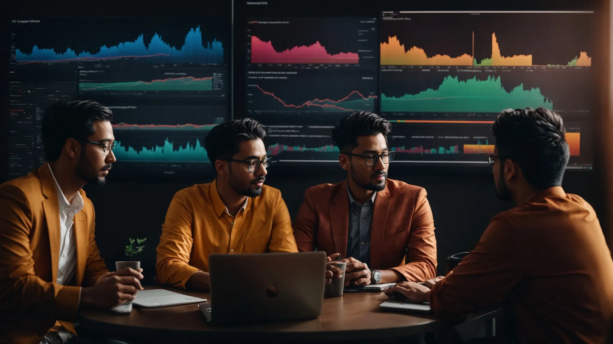 a group of digital marketers discuss strategies around a laptop displaying colorful graphs of website traffic data.