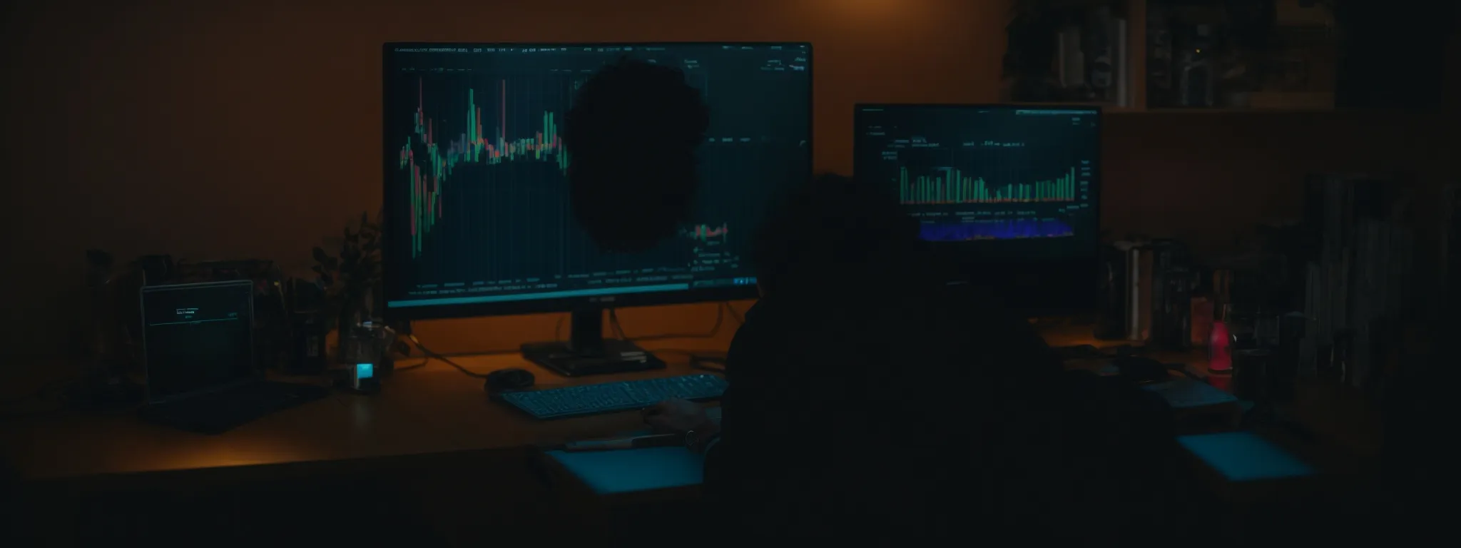 a person sits at a computer, analyzing a colorful data dashboard that represents keyword search volume trends.