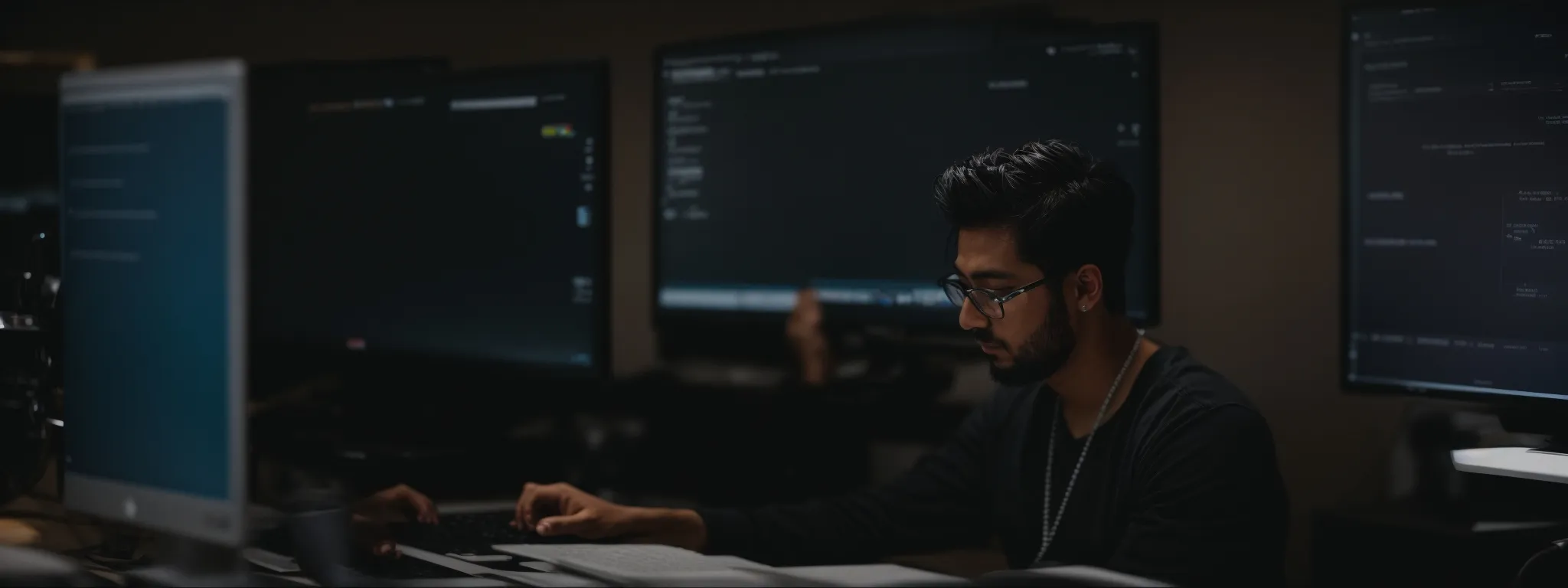 a blogger sits at a computer, deeply engrossed in analyzing keyword research data on the screen.