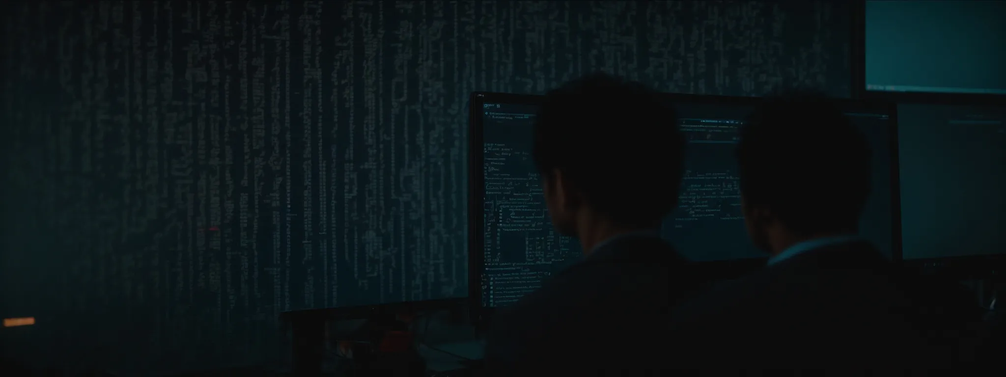 a person sitting at a computer, examining lines of code on a screen, highlighting a segment that connects to a keyword tool api.