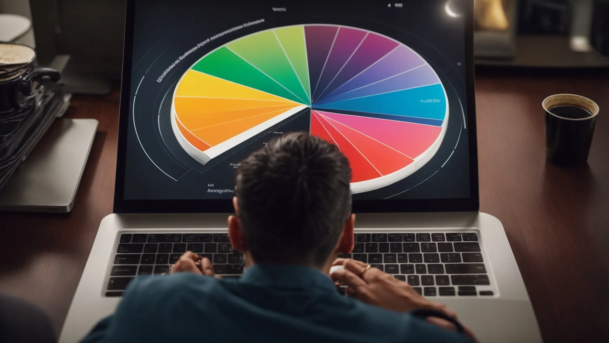 a marketer analyzes a colorful pie chart on a computer screen to optimize a website's content strategy.
