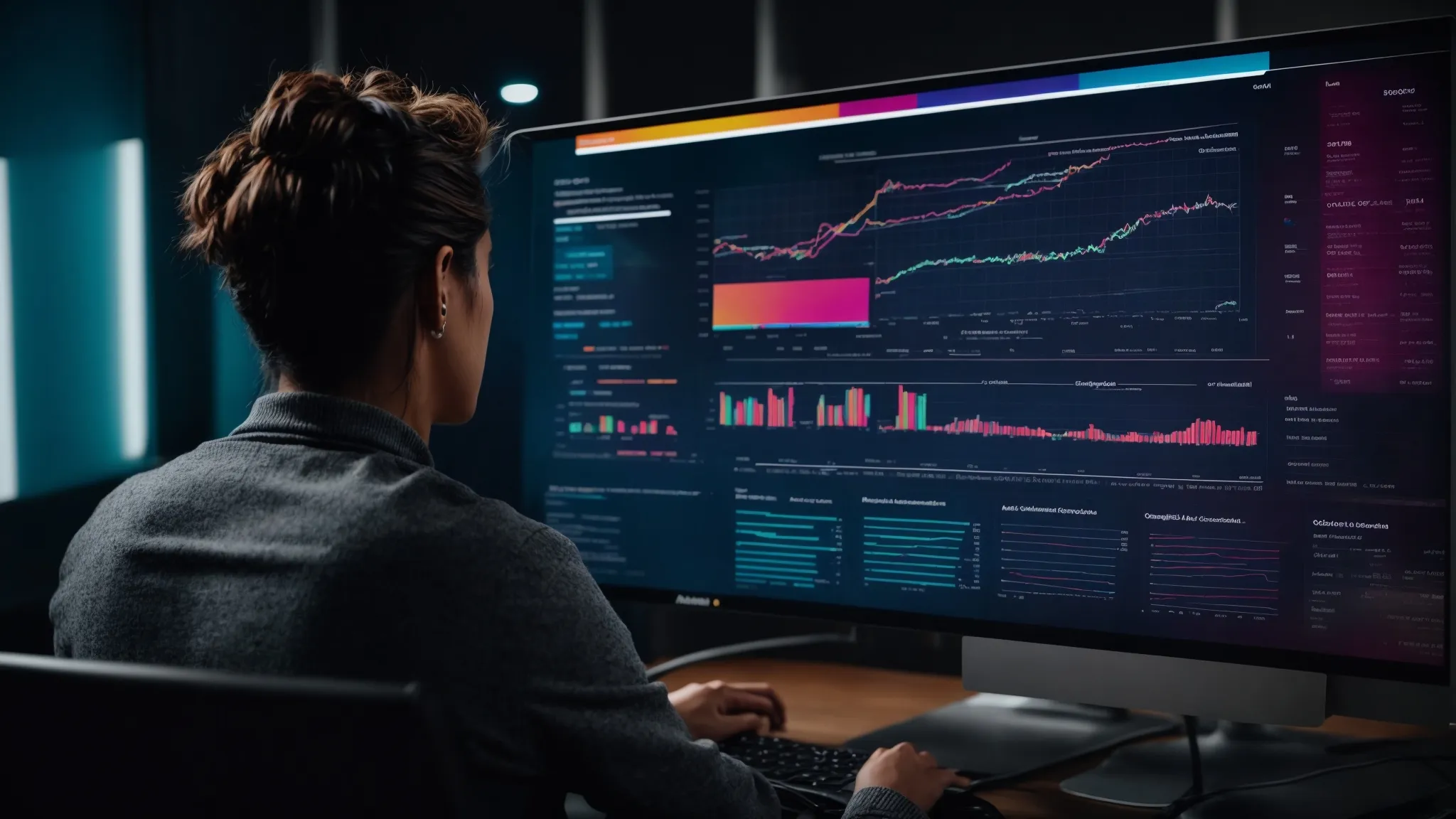 a person examining a large, colorful data analytics dashboard on a computer screen, revealing search query trends and keyword performance metrics.