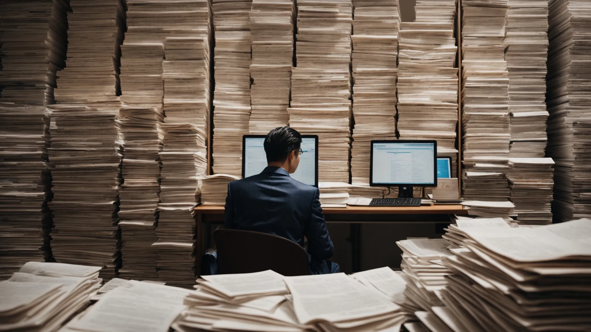 a person surrounded by stacks of research documents with a digital keyword analysis on a computer screen.