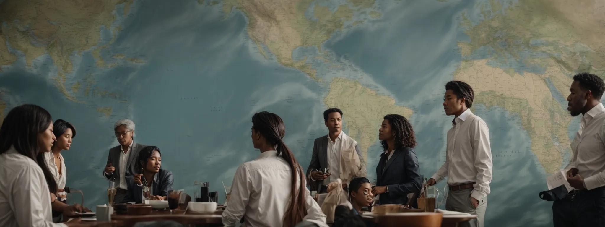a diverse group of professionals gathered around a large world map, intently analyzing and pointing to various regions.