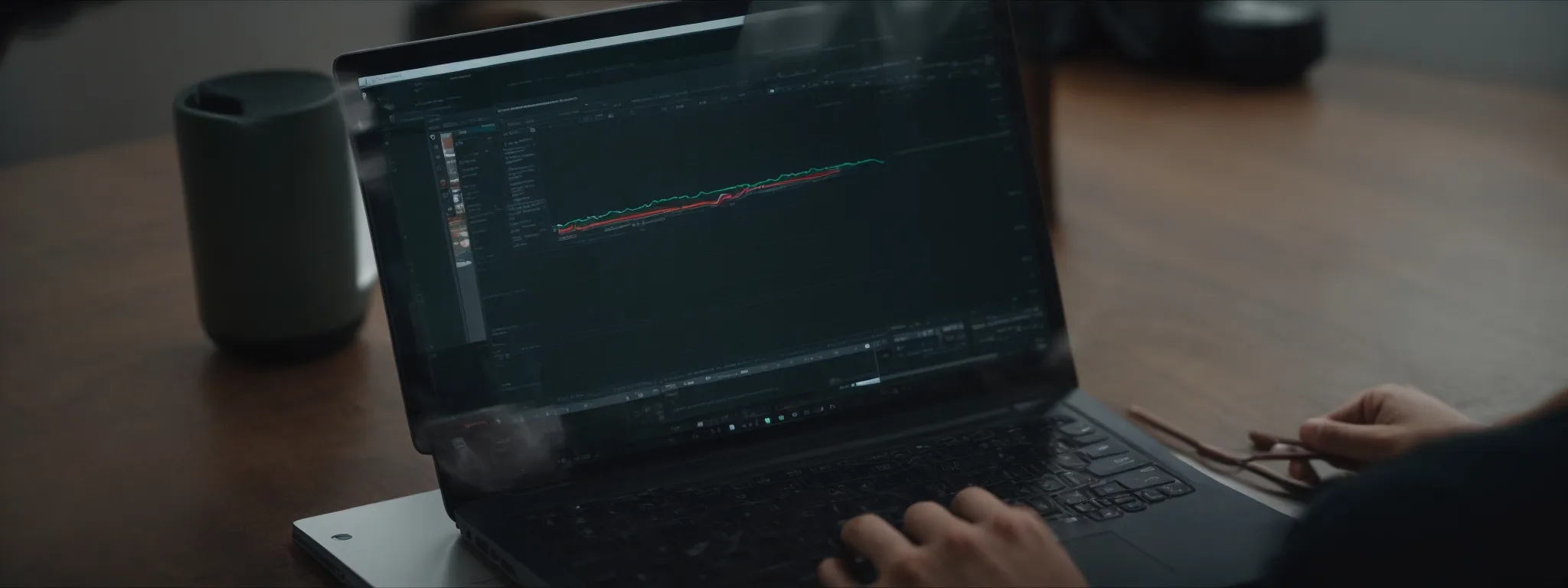 a person working on a laptop with the youtube analytics dashboard on the screen.