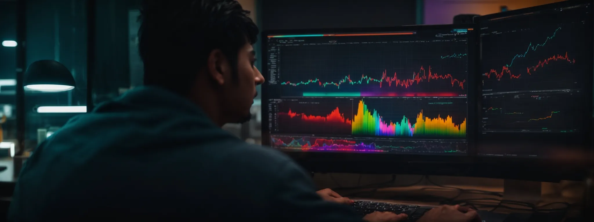 a digital marketer gazes at a computer screen displaying a colorful keyword trend analysis graph.