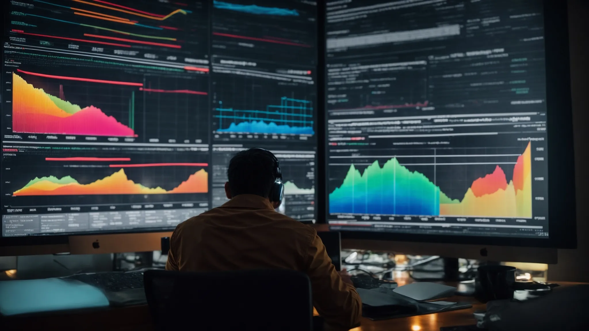 a digital marketer intently studies colorful graphs and charts on a computer screen displaying search engine result page rankings.