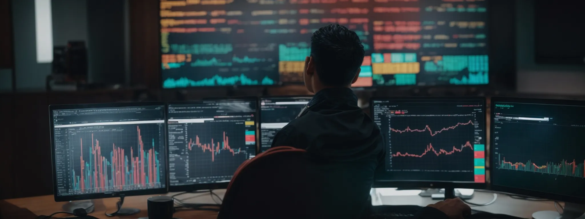 a person gazes at a computer screen displaying colorful graphs and charts representing search engine keyword analytics.