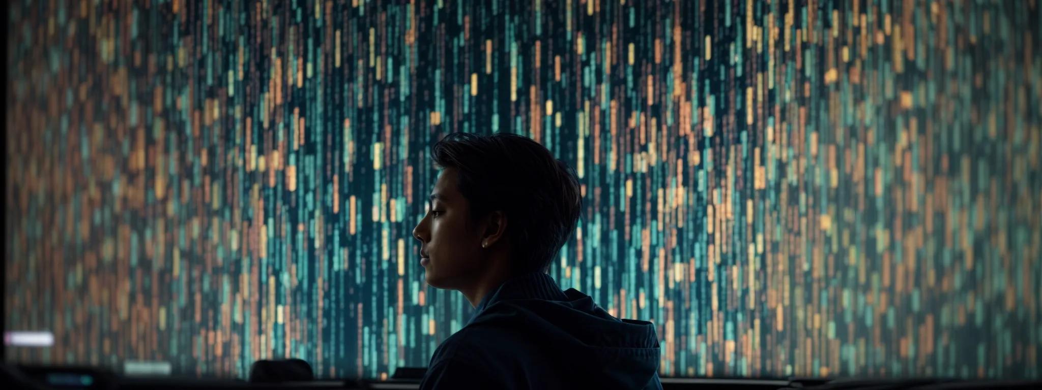 a person gazes at a computer screen displaying a colorful array of data analytics, representing the discovery of niche topics with sophisticated software tools.