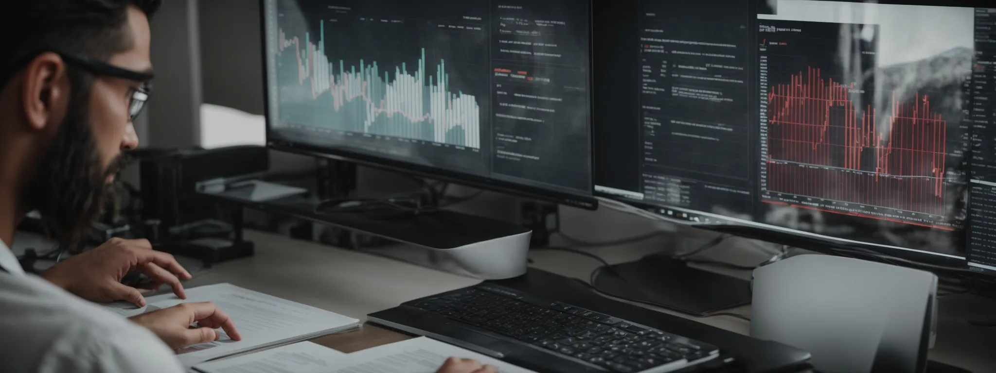 a digital marketer analyzes seo performance metrics on a computer screen in a modern office.