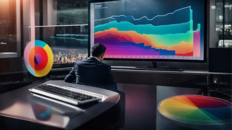 a marketer examines colorful graphs and keyword trends on a computer screen in a modern office setting.