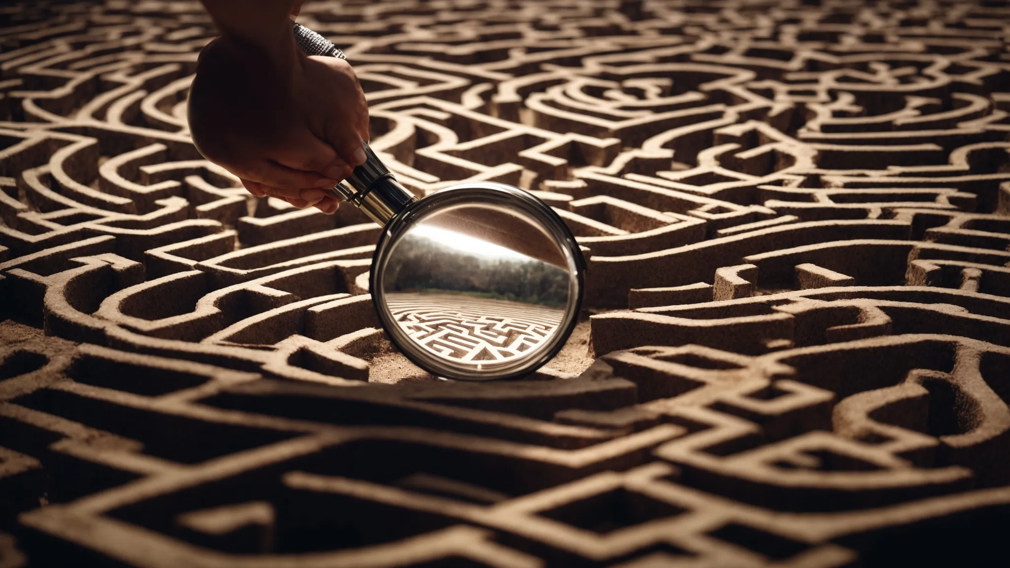 a person with a magnifying glass examining a complex maze, representing the careful analysis of seo strategies.