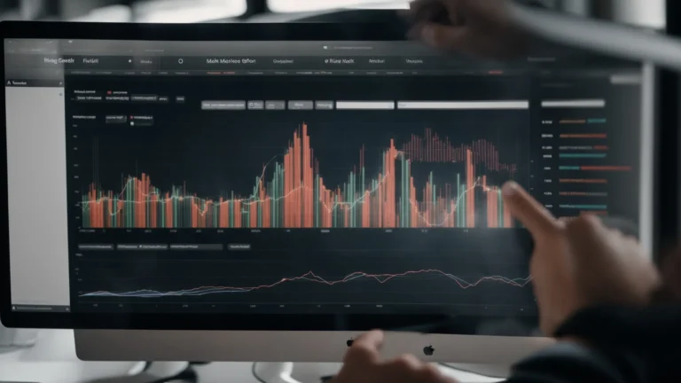a focused marketer analyzes a graph of rising search engine rankings on a computer screen.