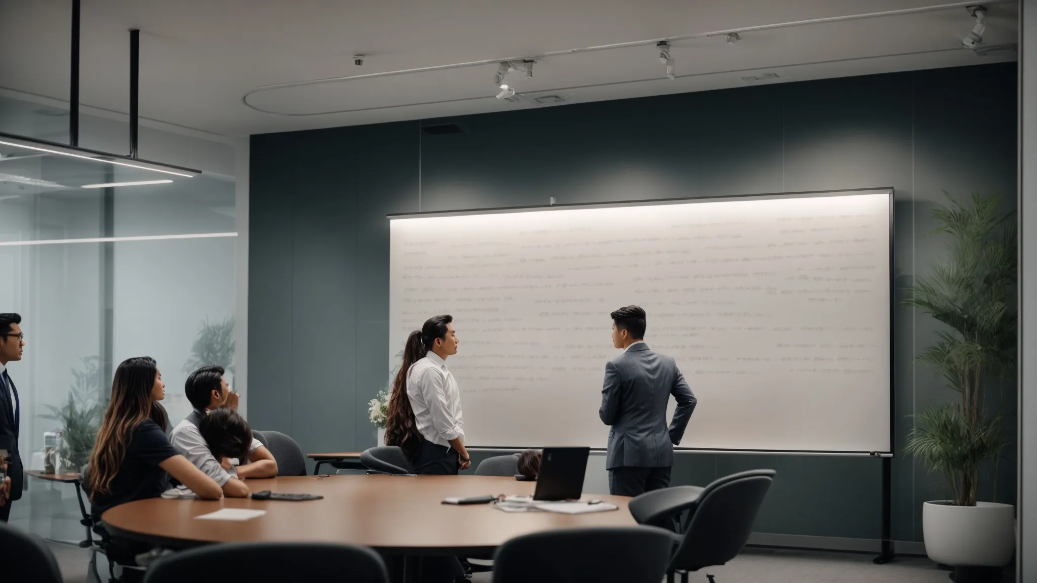 a meeting room with a large whiteboard filled with words and topics, surrounded by a focused team deep in discussion.