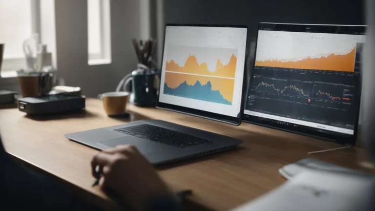 a person working on a laptop with graphs and charts on the screen, displaying keyword analysis and a printed blueprint on the table.