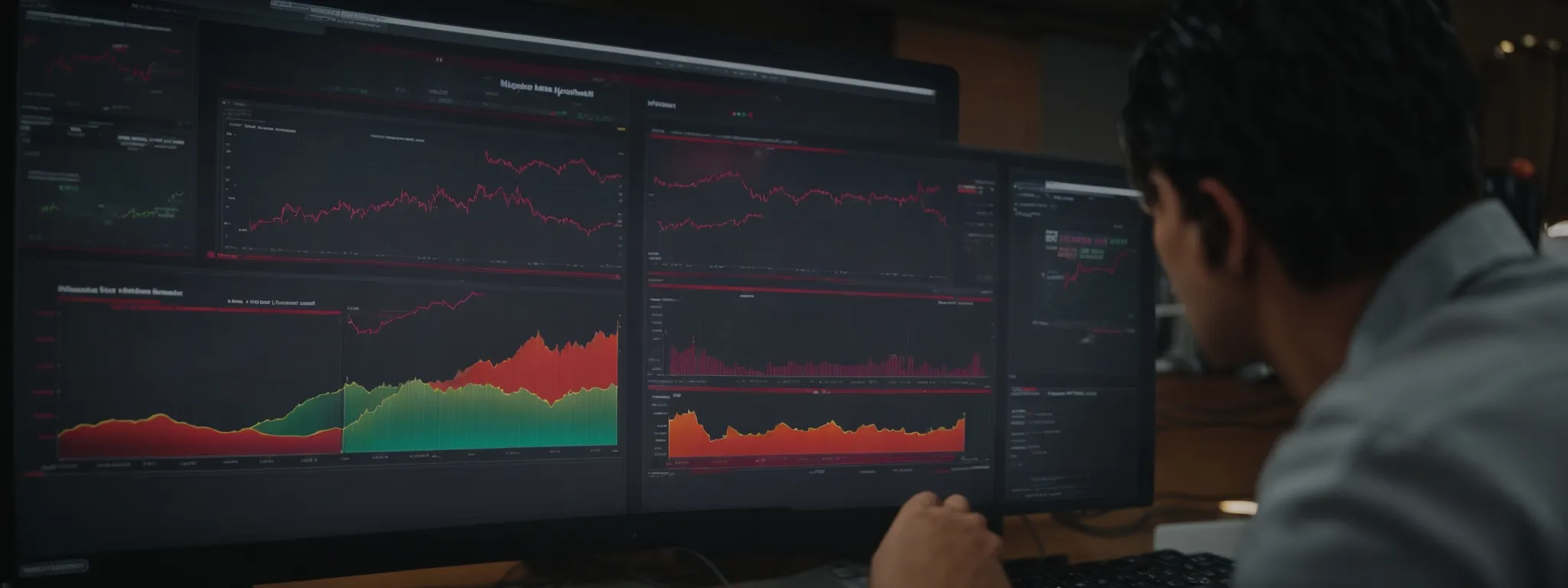 a marketer reviews a graph-laden dashboard on a monitor displaying trends, heat maps, and keyword performance data.