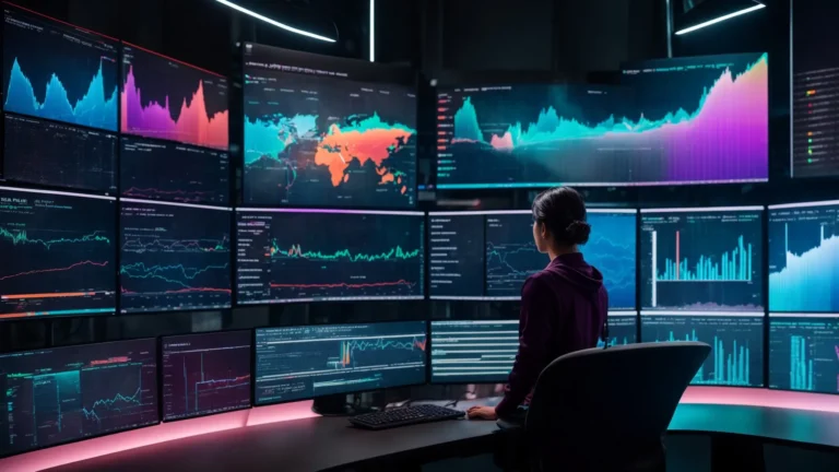 a person sits at a futuristic desk with multiple screens displaying colorful data visualizations and graphs related to keyword analysis trends.