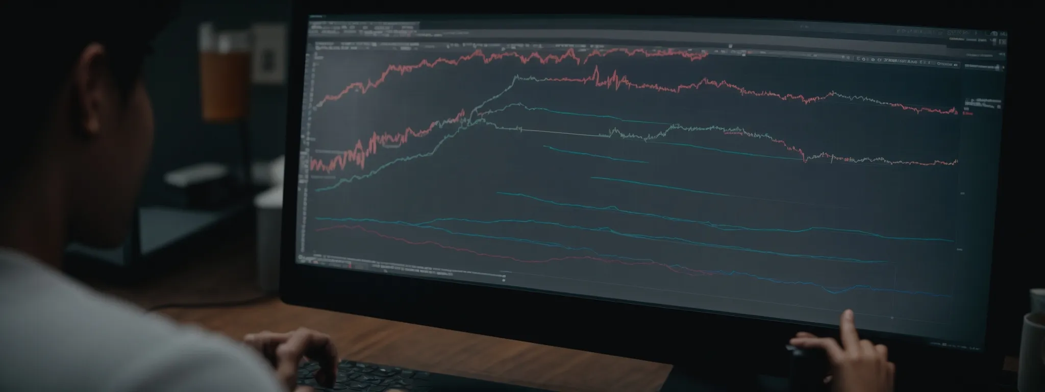 a person scrutinizing a graph on a computer screen, symbolizing budget analysis for seo tools.