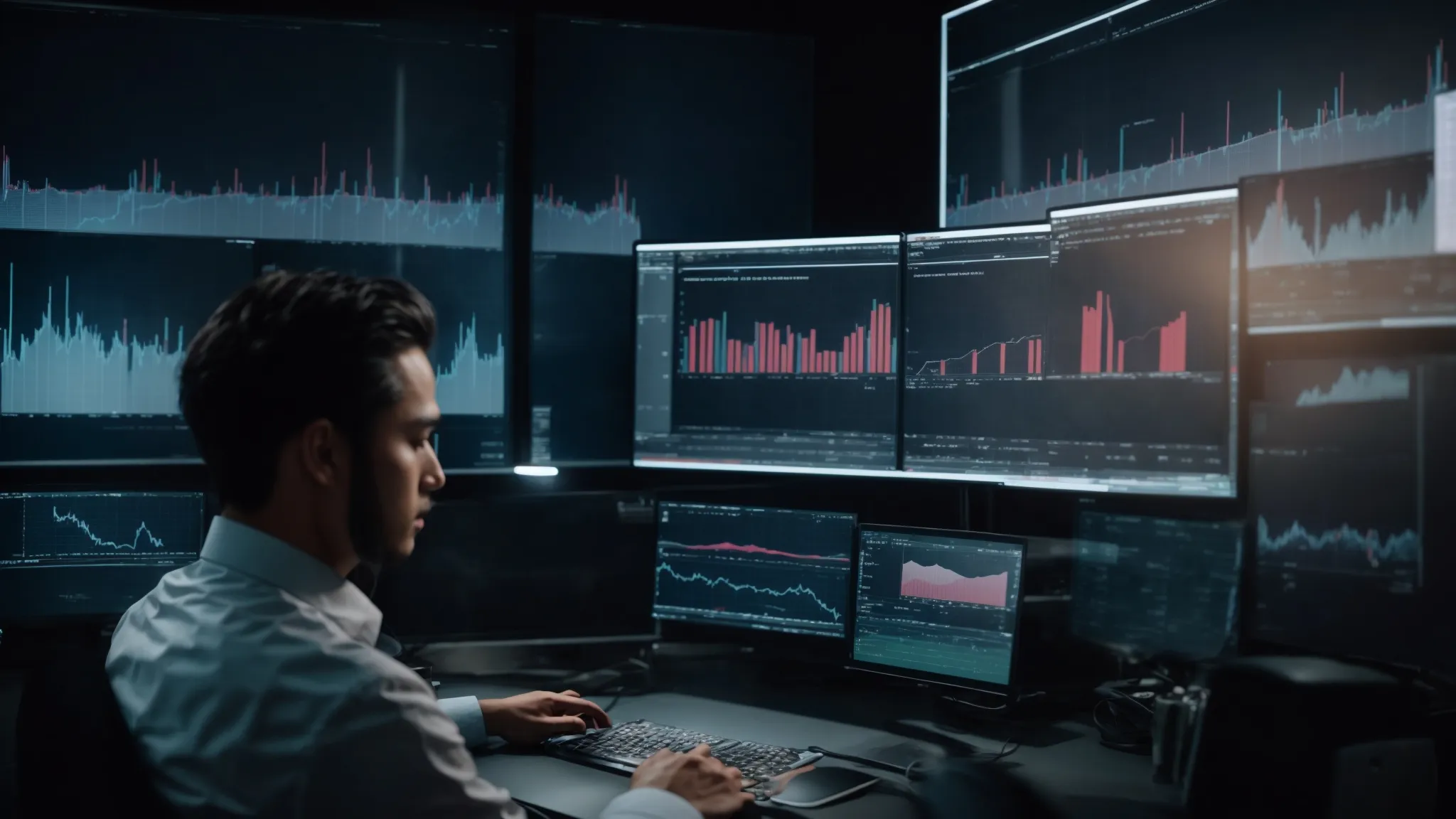 a person sitting at a desk with multiple monitors displaying graphs and analytical data.