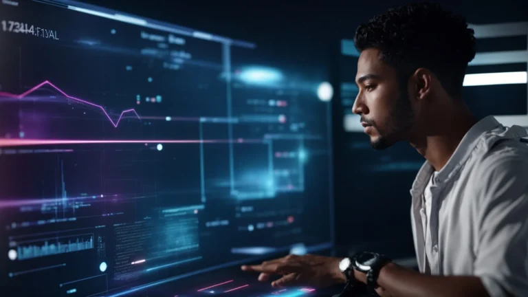 a focused individual interacts with a futuristic holographic interface, showcasing dynamic search engine results and analytics graphs.