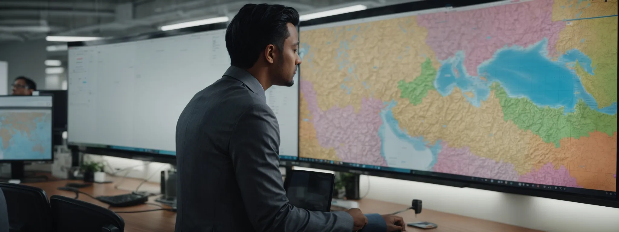 a marketer analyzing a vibrant, color-coded map representing different regions' search volume on a large monitor in a modern office setting.