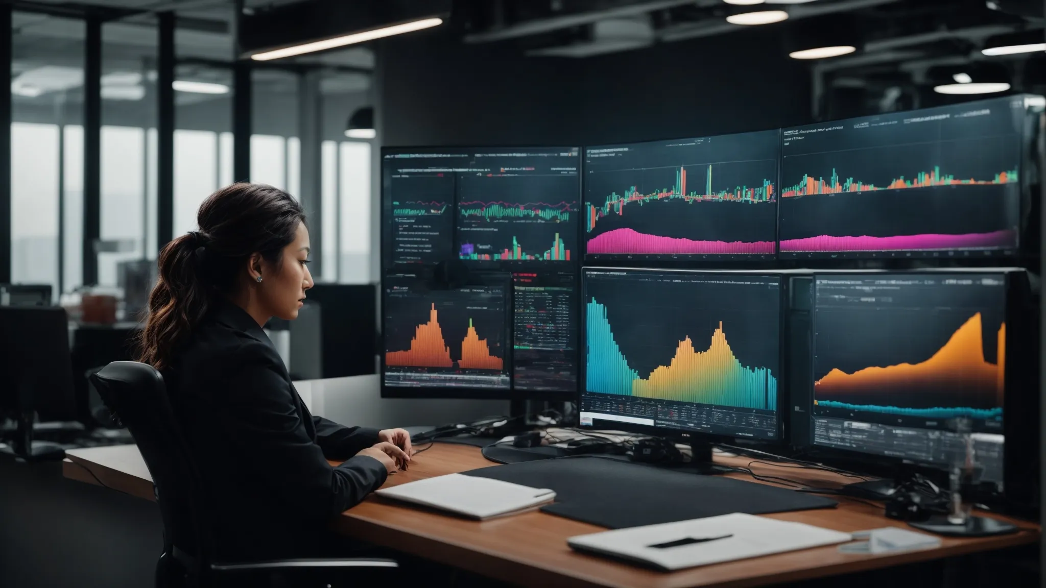a person sits before a large monitor displaying colorful graphs and charts that represent keyword performance metrics in a modern office.