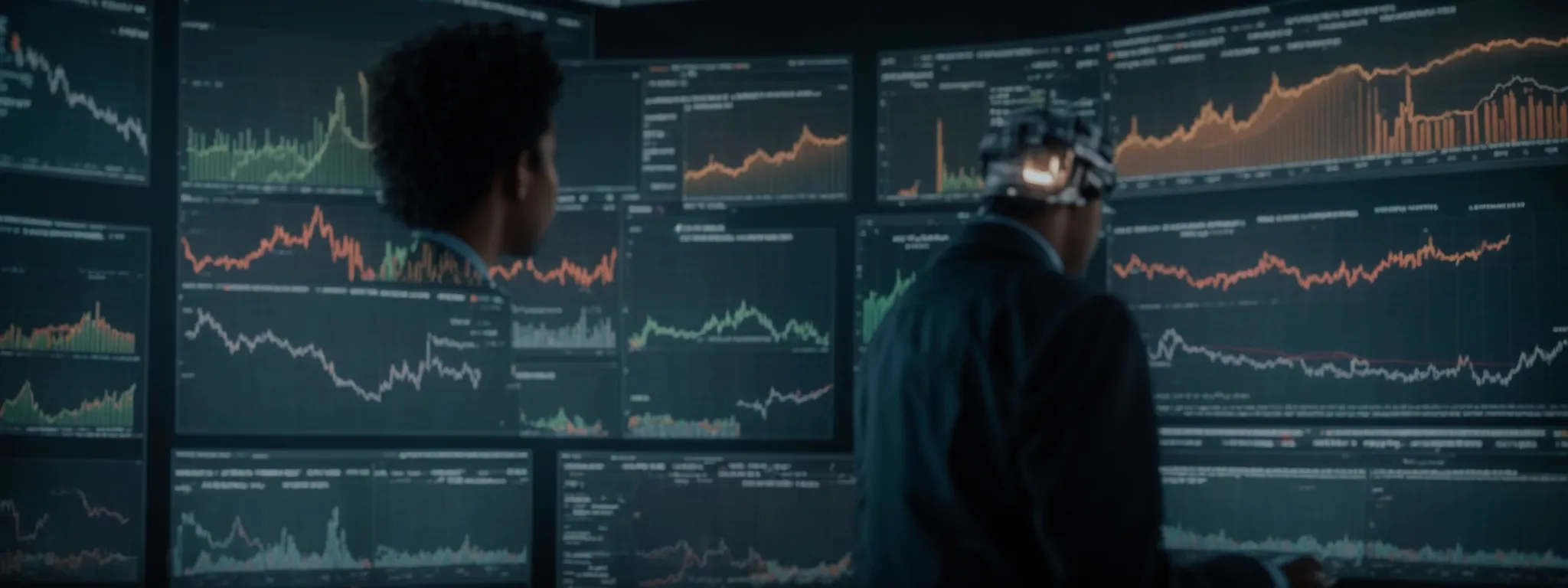 a person analyzing data trends on a large interactive screen displaying various analytics charts and graphs.