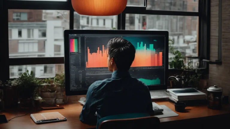 a person intently analyzing colorful graphs and charts on a computer screen to identify popular keywords.
