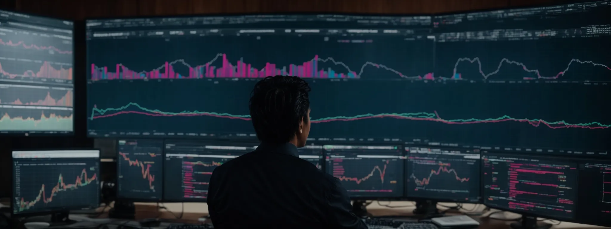 a person sits before a large monitor displaying colorful graphs and data analytics, reflecting the strategizing phase of keyword planning.