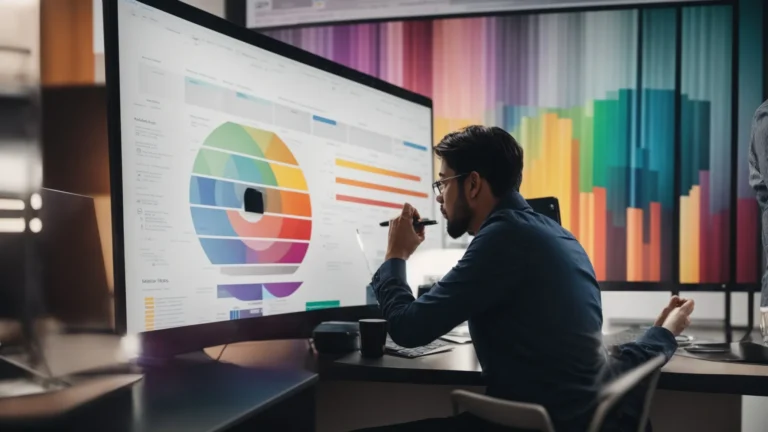 a marketer is reviewing colorful pie charts and graphs on a computer screen while taking notes on best keyword research practices.
