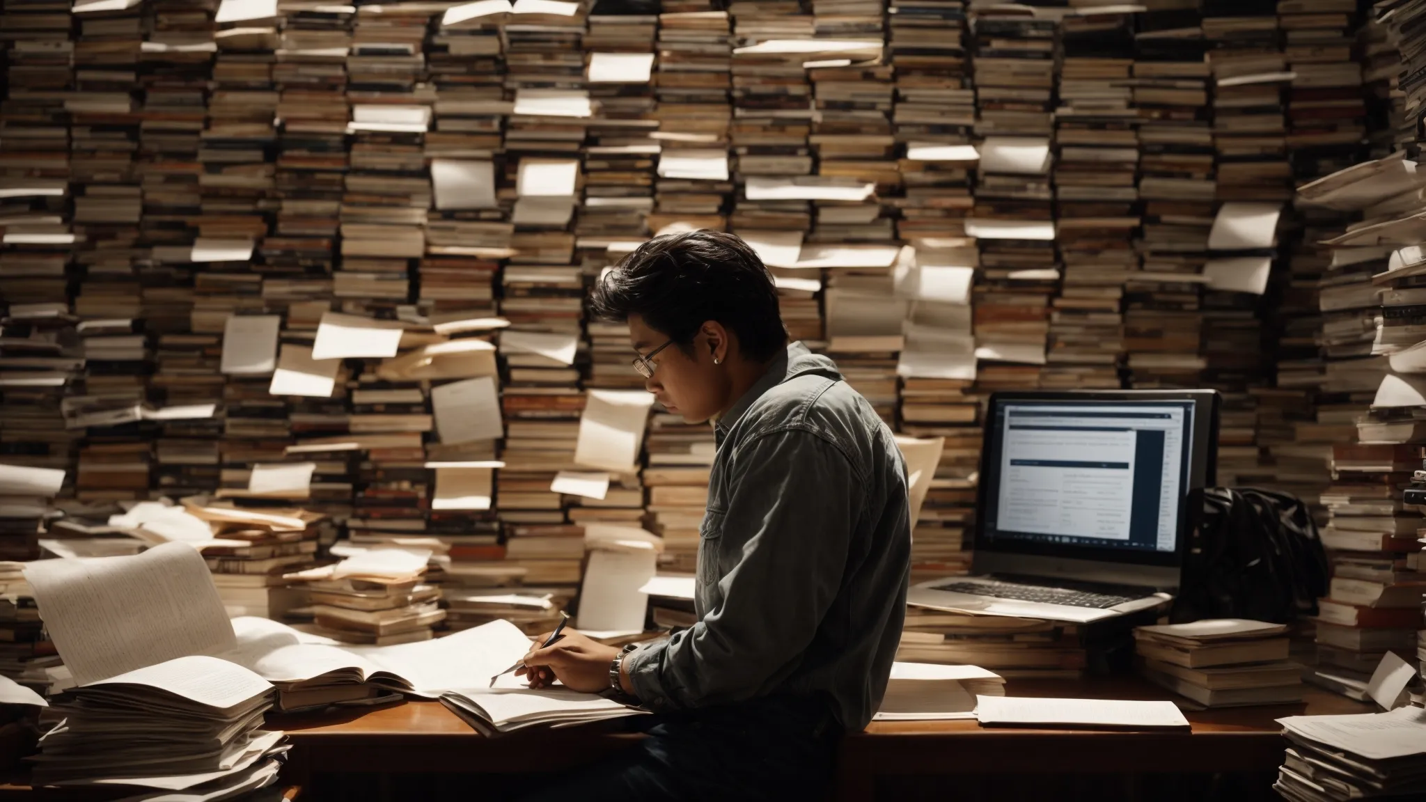 a person sitting at a computer, surrounded by books and notes, with a visible search engine on the screen.