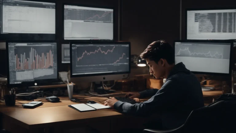 a person sits at a computer, analyzing graphs and charts that depict search engine keyword rankings and performance.