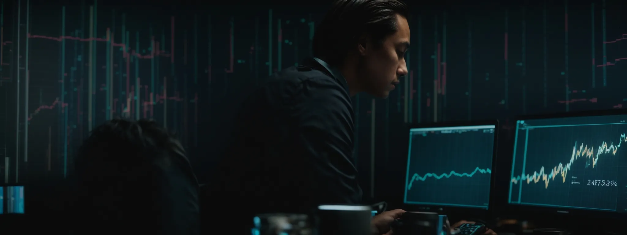a strategist intensely scrutinizes a computer screen showing graph trends and search volume data.