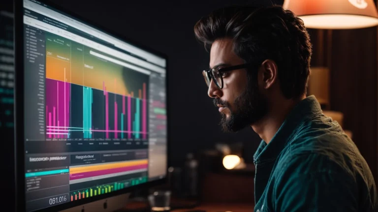 a digital marketer reviews a colorful keyword analytics dashboard on a computer screen.