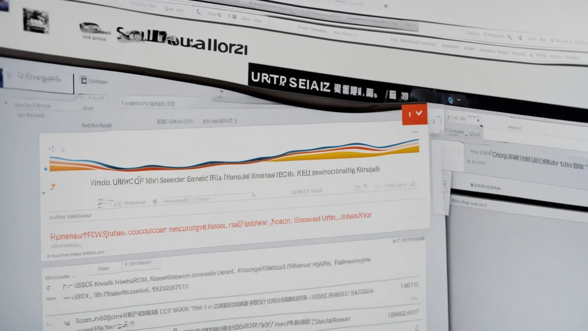 a close-up of a computer screen showing a graph of keyword search rankings and a list of competing website urls.