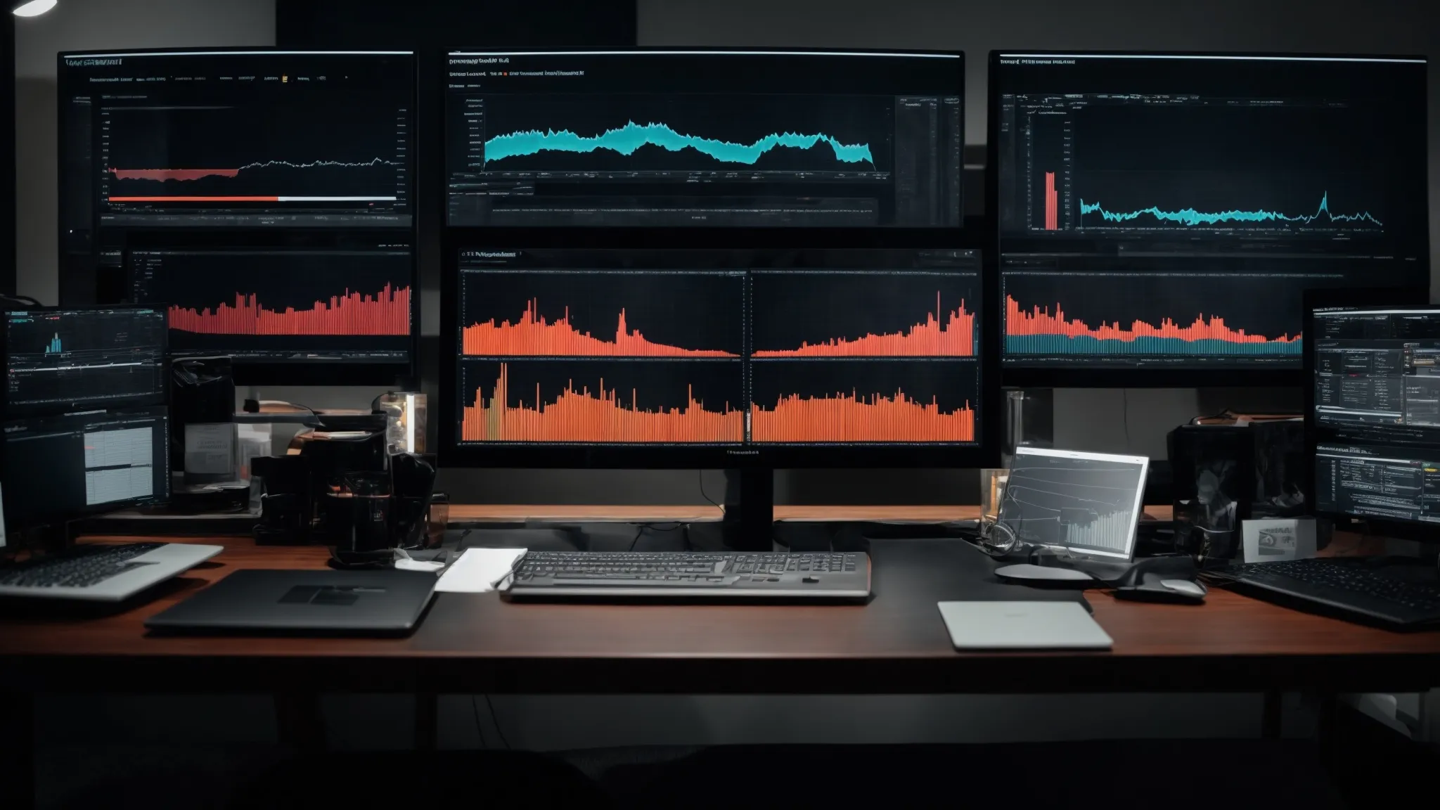 a modern, sleek office setup with dual computer monitors displaying analytics graphs and content planning tools.