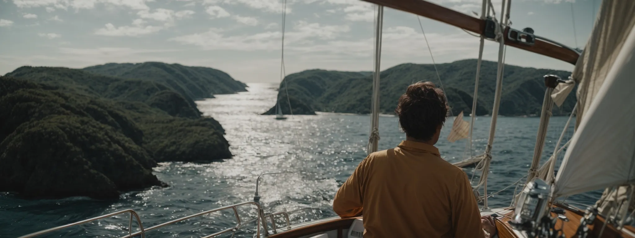 a person at the helm of a sailboat navigating through a complex archipelago with a map in hand.