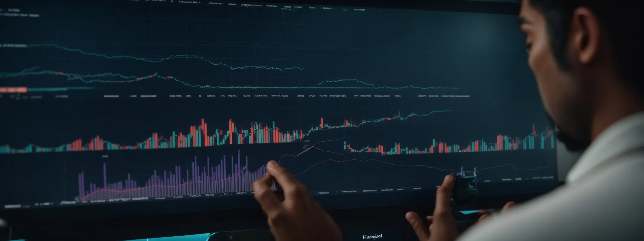 a focused individual interacts with a vibrant digital interface showcasing charts and keyword analytics.