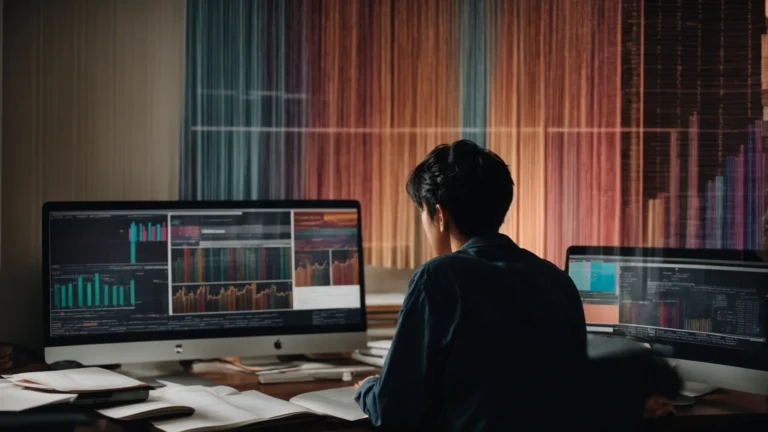 a person surrounded by books and documents intently studying a computer screen displaying colorful data graphs and search engine results.