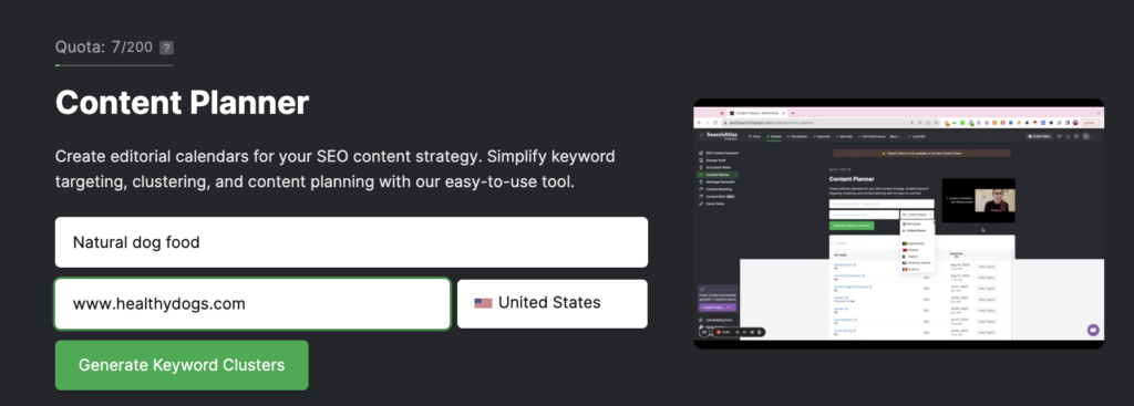 Screenshot of a content plan for SEO tool's webpage highlighting features for seo content strategy and keyword planning.