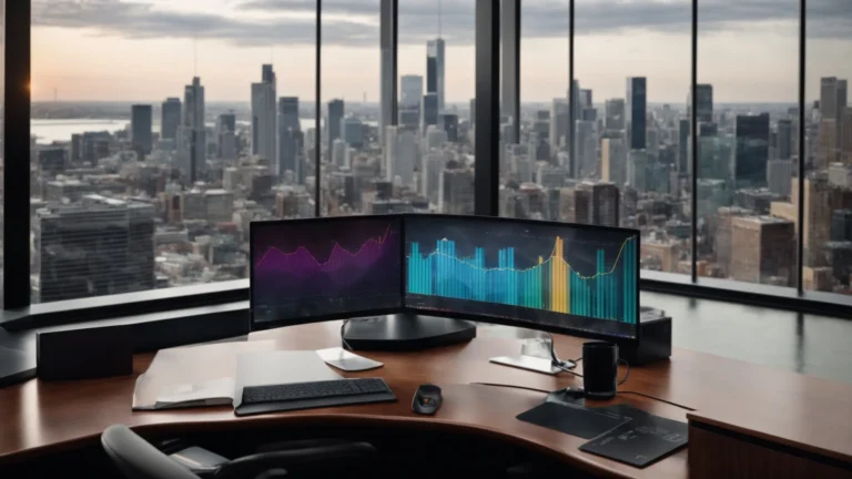 a sleek computer displaying vibrant growth charts on the screen, placed on a polished office desk with a panoramic view of a bustling city skyline in the background.